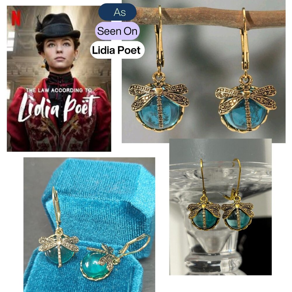 NEW Lidia Poët Dragonfly Glass Globe Gold Dipped Vintage Cottagecore Earrings
